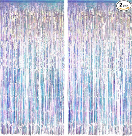 Iridescent Party Streamers Backdrop - GREATRIL Neon Transparent Holographic Tinsel Foil Fringe Curtain for Mermaid/Frozen/Sea/Euphoria/ERAS Party Theme Decorations 3.2ft x 6.5ft 2 PCS