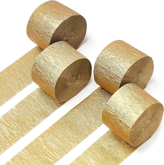 PartyWoo Gold Crepe Paper Streamers 4pcs 328ft Pack of Gold Crepe Paper for Wedding Birthday Baby Shower Engagement Anniversary New Year Eve Graduation Party Decorations(1.8 Inchx82 Ft/Roll)