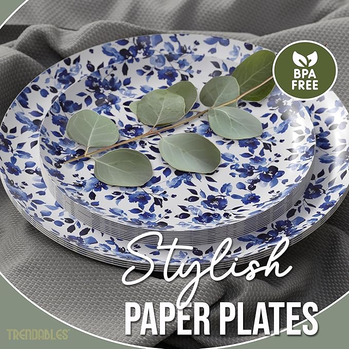 Trendables Heavy Duty Paper Plates Set For 16 Guests - 16 Each Of 8-inch And 10-inch Disposable Plates For Party - Fancy 32 Piece Dinnerware Set For All Occasions | Floral Design, Bluebelle