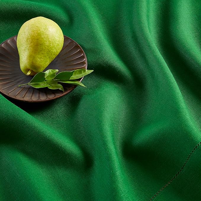 Solino Home Linen Garden Green Table Runner 90 Inches Long - 100% Pure Linen Hemstitch 14 x 90 Inch Table Runner for Dining, Christmas - Classic Hemstitch