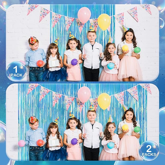 2 Pack Blue Iridescent Streamers Backdrop, 3.3x6.6ft Foil Fringe Curtains Holographic Door Tinsel Streamers for Birthday, Wedding, Holiday, Bachelorette, Christmas, Winter Theme Party Decorations