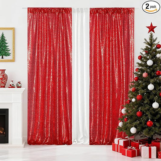 Poise3EHome 2Pcs 2Ft x 8Ft Red Sequin Backdrop Curtains, Glitter Photography Background, Sequence Xmas Thanksgiving Backdrop