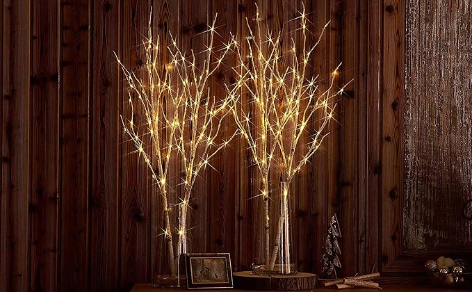 BAOLITVINE Birch Branch Lights with Timer Battery Operated 100 LED Fairy Lights, Lighted Willow Branches 32IN for Home Bedroom Fireplace Christmas Decoration Inside Outdoor