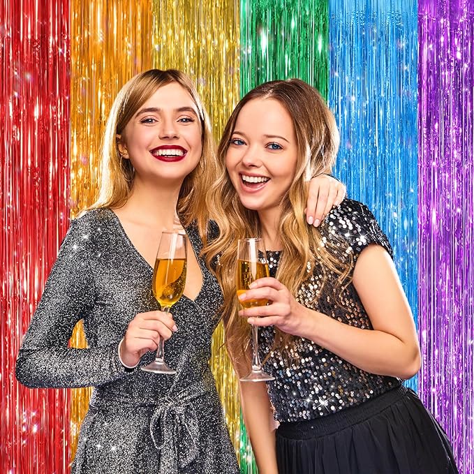 2 Pack Rainbow Metallic Tinsel Foil Fringe Curtains, Door Streamers Photo Booth Backdrop for Birthday Party, Tinsel Curtain Backdrop for Baby Shower Bachelorette Christmas Party Decorations