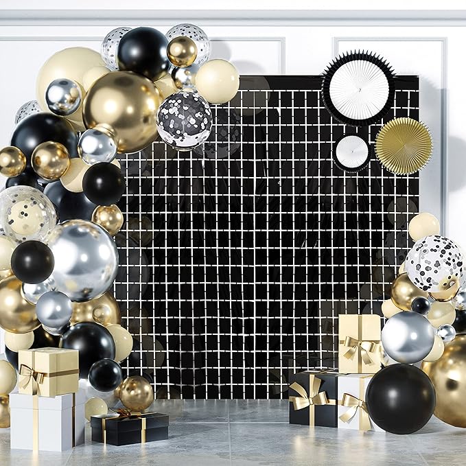 PADELO Black Shimmer Wall Backdrop, Square Backdrop Curtain,2Pcs 3.3x6.6 Feet Black Streamer Backdrop for Party Decorations