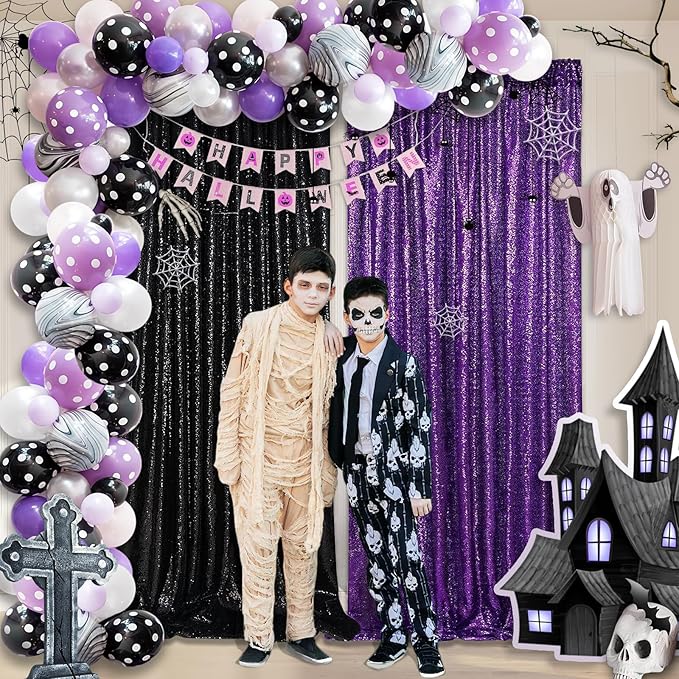 Purple Backdrop Curtins Sequin Fabric 3 Panels Background Drapes 2FT x 8FT Wedding Halloween Bridal Baby Shower Theme Decorations