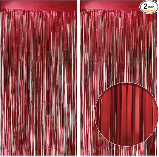 2 Pack Red Fringe Backdrop, 3.2x8.2ft Shining Foil Tinsel Curtains, Birthday Party Decorations Door Streamers for Halloween, Christmas, Wedding, Graduation, Holiday, Theme Events