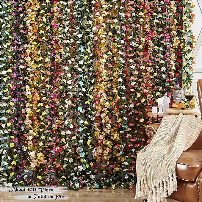 8 Pcs x 8.2 ft Flower Garland Artificial Rose Vine Flowers with Green Leaves Hanging Fake Roses Vine for Room Party Home Wedding Birthday Christmas Wall Arch Decor, Spring Magenta Flower