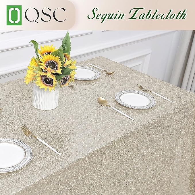 OQSQ Champagne Rectangle Sequin Tablecloth - 60x102 inch, Glitter Drape Table Cloth, Sparkle Sequence Table Overlays for Wedding Birthday Party Baby Bridal Shower