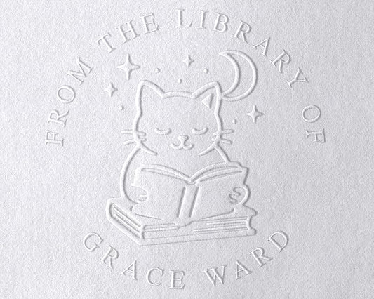 STAMPI Custom Book Embosser or Personalized Book Stamp – from The Library of Design | Swords, Cats, Dragon, Coffee & Floral Options | Gift for Book Lovers & Readers (Cat Set)
