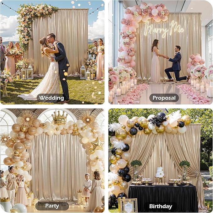 PartyVillage 10x10FT Champagne Gold Sequin Backdrop Curtain -2 Panels 5x10FT Wrinkle Free Shimmer Back Drop Cloth, Glitter Backdrop Drapes for Photography, Birthday, Wedding, Graduation Background