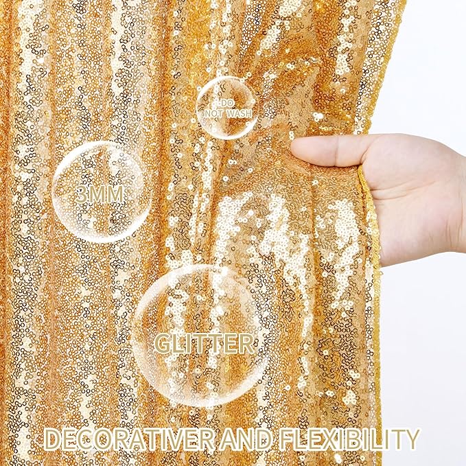 Gold Curtains Backrop for Wedding Parties: 3ftx8ft Gold Sequin Photo Backdrop Drapes for Baby Shower Photography Background - 2 Packs