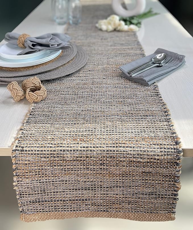 Chardin home Natural Jute Table Runner 13x72 Inch – Vintage Boho Rustic Table Decor – Handwoven Table Runner in Natural Jute and Grey – Farmhouse Dining or Console Table Accent