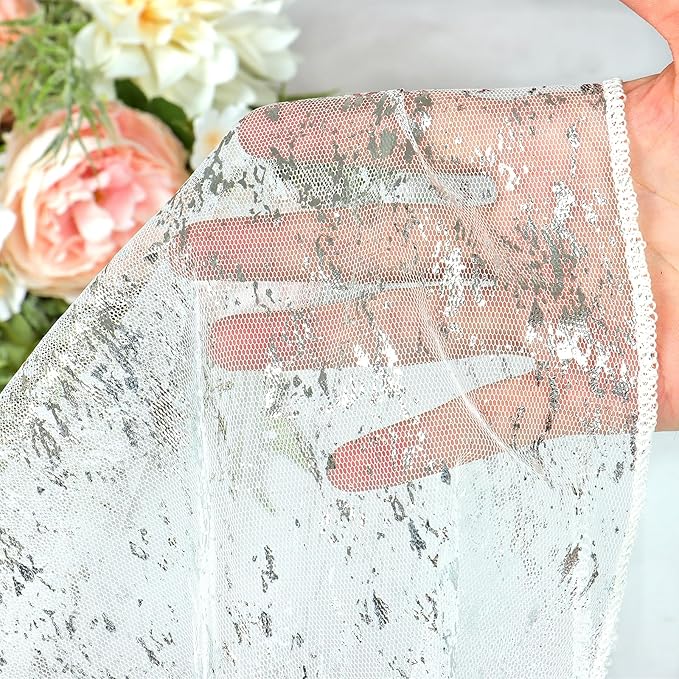 LOMOHOO 10 Ft Silver Table Runner, Silver Sheer Sequin Table Runners 120 Inches Long Glitter Metallic Foil Lace Fabric Table Decor for Birthday Party Wedding Anniversary Centerpiece (3pcs)