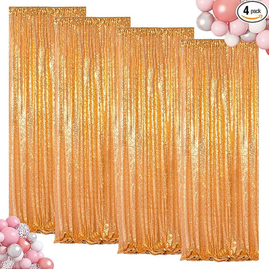 ShinyBeauty Gold Sequin Curtains 4 Panels Golden Backdrop Photo Backdrops Shimmer Background Birthday Party Weeding Decor Glitter Fabric Curtain (2FTx8FT)