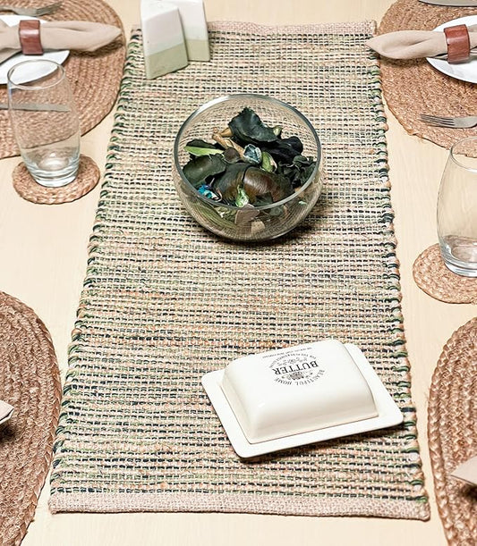 Chardin home Natural Jute Table Runner 13x36 Inch – Vintage Boho Rustic Table Decor – Handwoven Table Runner in Natural Jute and Green – Farmhouse Dining or Console Table Accent