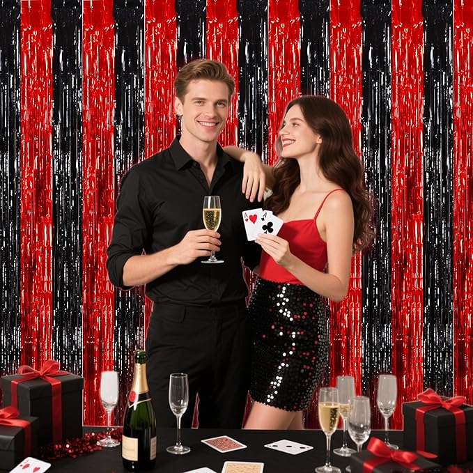 BEISHIDA Red Black Door Streamers Backdrop Foil Fringe Tinsel Party Streamers Curtains Photo Backdrop - 2Pcs for Birthday Graduation Bachelorette Halloween New Year Party Decoations
