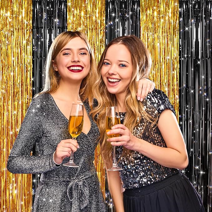 2 Pack Black Gold Metallic Tinsel Foil Fringe Curtains, Door Streamers Photo Booth Backdrop for Birthday Party, Tinsel Curtain Backdrop for Baby Shower Bachelorette Christmas Party Decorations