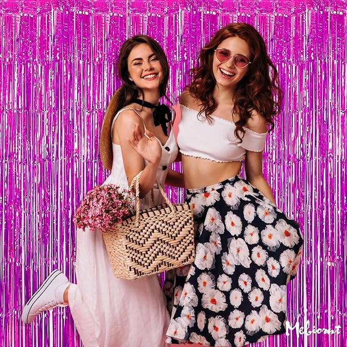 4 Pack Fuchsia Fringe Curtain Backdrop, 3.2Ft x 6.6Ft Metallic Tinsel Foil Fringe Streamers Curtains Background for Photo Booth Birthday Wedding Baby Shower Party Thanksgiving Christmas Decorations