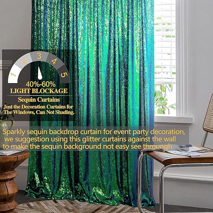 DUOBAO Colorful Green Sequin Backdrop Curtain 7FTx7FT Iridescent Green Glitter Sequins Photography Backdrops Wedding Ceremony Shiny Shimmer Wall Background Baby Shower Party Decorations (7FTx7FT)