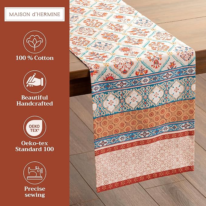Maison d' Hermine Table Runner 100% Cotton Single Layer Table Runners 72 inches Long for Thanksgiving Christmas Decorations Home Kitchen Dining Party Wedding (Romane, 14.5" x 72")