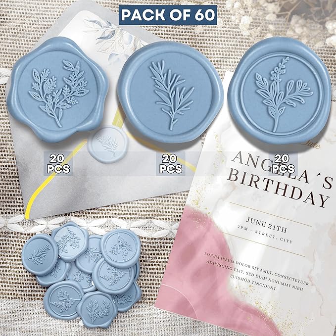 Wax Seal Stickers (60 Pcs, 3 Designs in 1 Pack) Premium Envelope Seal Stickers for Wedding Invitation Envelopes, Adhesive Wax Seals, Perfect for Seating Chart, Gift Wrapping