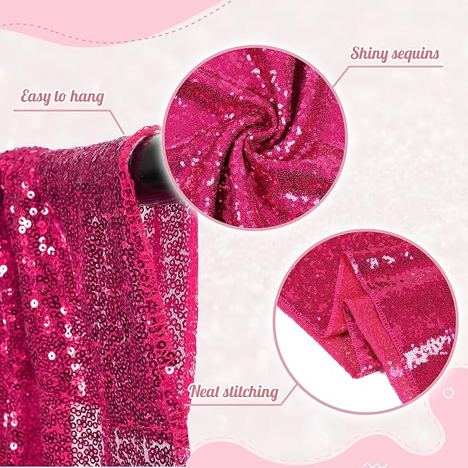 PartyDelight Hot Pink 8FT X 8FT Sparkly Sequin Backdrop Curtains for Wedding Party Room Decorations