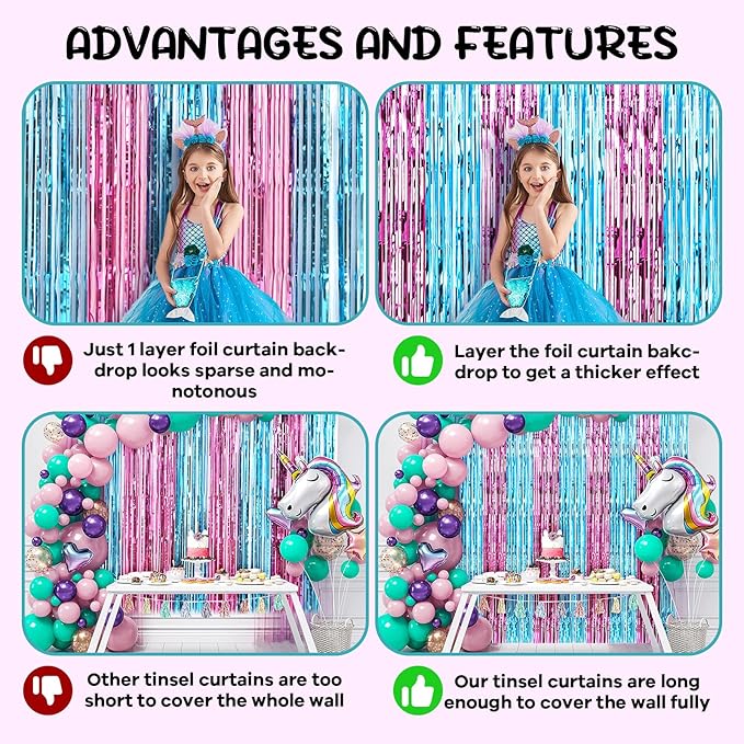 4 Pack 3.3x8.2 Feet Blue and Pink Foil Fringe Backdrop Curtains, Tinsel Streamers Birthday Party Decorations, Fringe Backdrop for Graduation, Baby Shower, Gender Reveal, Disco Party