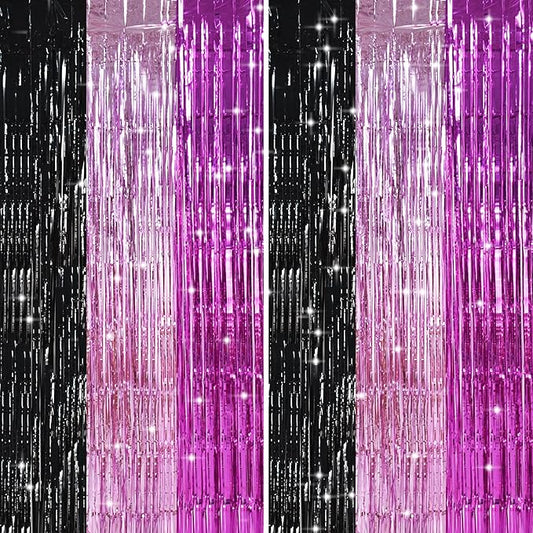 TONIFUL Black Pink Hot Pink Door Streamers,Black and Pink Photo Booth Backdrop Metallic Streamers Foil Fringe Curtain for Birthday,New Year,Graduation,Grad,Baby Shower Party Streamers Decoration