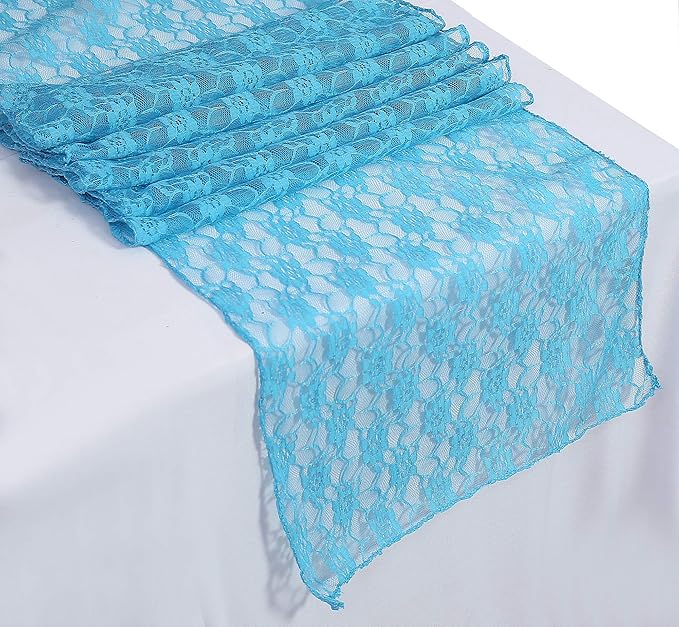 MDS Pack of 15 Wedding 12 x 108 inches Lace Table Runner for Wedding, Decorations for Birthday Parties, Banquets, Graduations, Engagements, and Runners fit Rectangle, Round Table- Turquoise