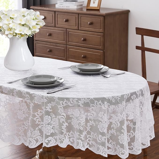 LinenZone Ivory Oval Tablecloth for Rustic Vintage Decor. Sheer Lace Tablecloth Works Great As Wedding Tablecloth, Thanksgiving Tablecloth or Christmas Tablecloth (Mia Oval 104, Ivory)