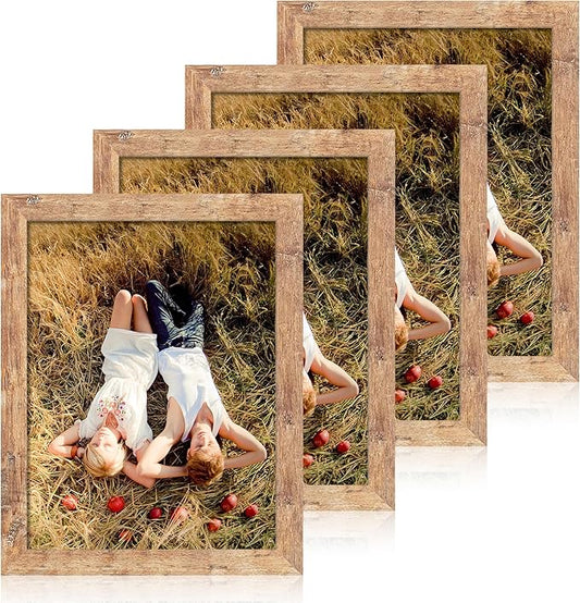 8.5x11 Picture Frame Set of 4, High Definition Real Glass Rustic Brown Frame, Wood Photo Frames 8.5 by 11 Diploma Document for Wall Hanging and Tabletop Display