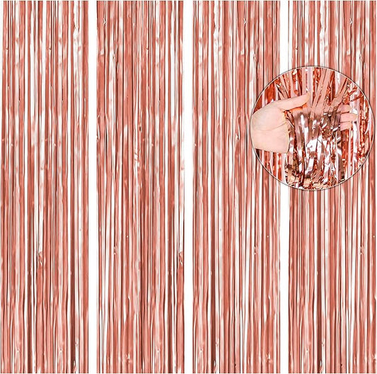 BTSD-home 4 Pack Rose Gold Foil Fringe Curtain, Metallic Photo Booth Backdrop Tinsel Door Curtains for Wedding Birthday Bridal Shower Baby Shower Bachelorette Christmas Party Decorations(3ft x 8ft)