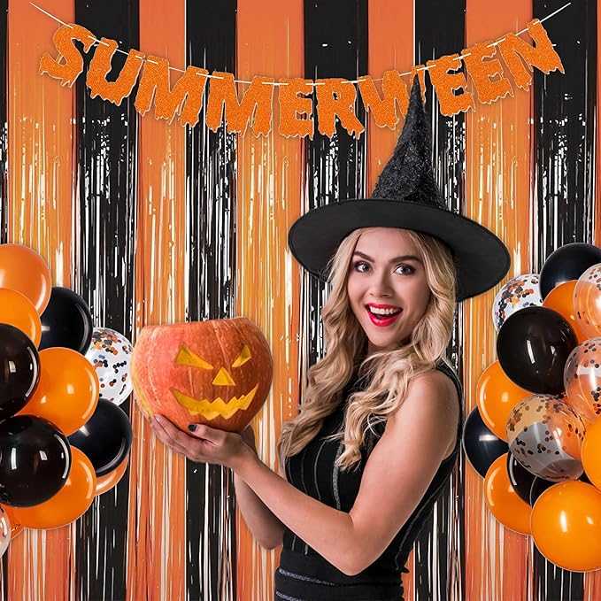 Melsan Halloween Decorations Tinsel Backdrop Foil Fringe Curtains, 3.2 ft x 8.2 ft Black Orange Metallic Foil Curtains for Halloween Party Photo Booth Props Decorations, 2 Pack