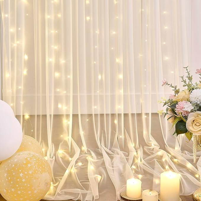 Champagne Backdrop Curtains with Lights String for Wedding Parties 10×10ft Sheer Tulle Backdrop Curtain for Bridal Shower Baby Shower Birthday Party Photo Shoot Decorations 2 Panels 5×10ft