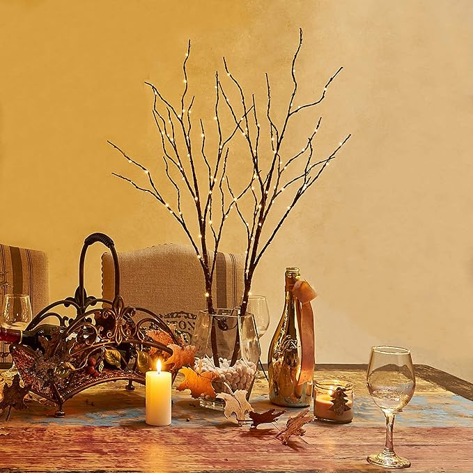 Hairui Lighted Brown Branches Battery Operated with Timer 30IN 100 LED Fairy Lights, Willow Branch Lights for Home Bedroom Fireplace Christmas Holiday Decoration Indoor Outdoor Use (Vase Excluded)