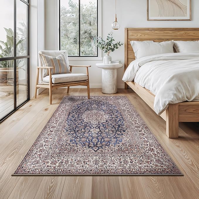 Bloom Rugs Washable Non-Slip 4' x 6' Rug - Dark Blue/Beige Traditional Medallion Area Rug for Living Room, Bedroom, Dining Room, and Kitchen - Exact Size: 4' x 6'