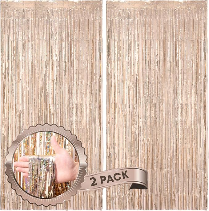 2 Pack Laser Champagne Foil Fringe Backdrop Curtains, Tinsel Streamers Birthday Party Decorations, Fringe Backdrop for Graduation, Baby Shower, Gender Reveal, Disco Party