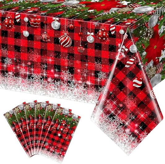 6Pcs Christmas Buffalo Plaid Snowflake Tablecloths,Plastic Red and Black Checkered Rectangle Christmas Tree Color Ball Table Cover for Winter Christmas New Year Holiday Party Decorations,54x108 inch
