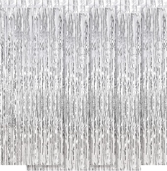 5 Pack Silver Fringe Backdrop 3.2ft x 8.2ft Silver Foil Fringe Curtains Party Tinsel Curtain Backdrop Streamers for Birthday Party Decoration Wedding Christmas Decoration (Silver)