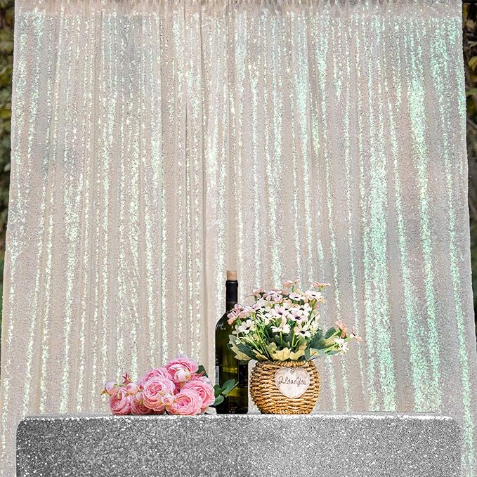 JYFLZQ White Iridescent Sequin Backdrop Curtains 4ft x 6.5ft 1 Panel Glitter Photo Booth Backdrops Sparkly Photography Background Drapes for Parties Wedding Bridal Showers