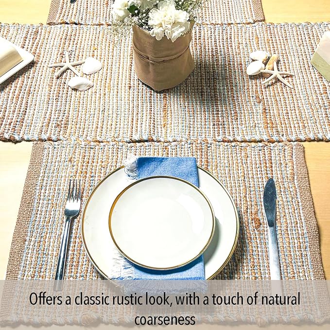 Chardin Home Natural Jute & Sky Blue-White Placemats, Set of 4 – Rustic Handmade Boho Table Mats, 13x19 in Dining Table Placemats - Kitchen, Everyday Meals, Holidays, Farmhouse or Modern Table Décor