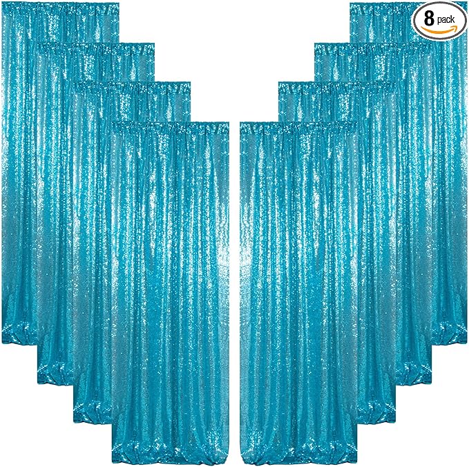 ShinyBeauty Turquoise Curtains 8 Panels, 2Ftx8Ft, Glitter Photograph Backdrops, Blue Backdrop Curtain for Parties,Birthday Decor,Sequin Background