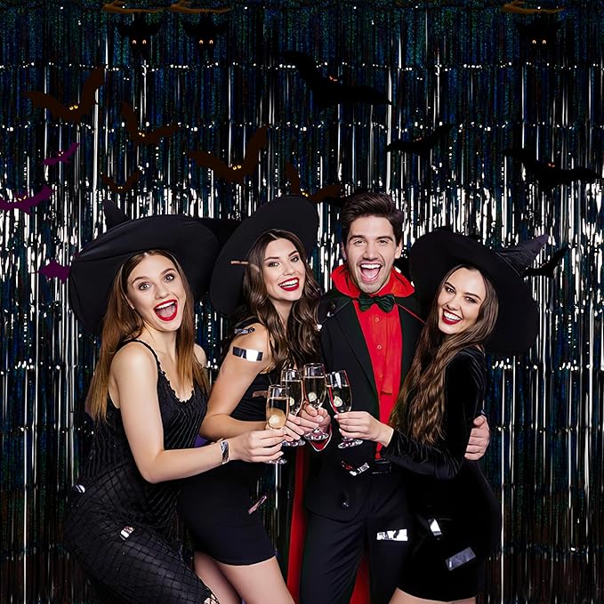 Foil Fringe Curtains Halloween Decor Indoor Party Decorations - Melsan 3 Pack 3.2 x 8.2 ft Black Tinsel Curtain Photo Backdrop for Birthday Decorations Retirement Party Decorations Black