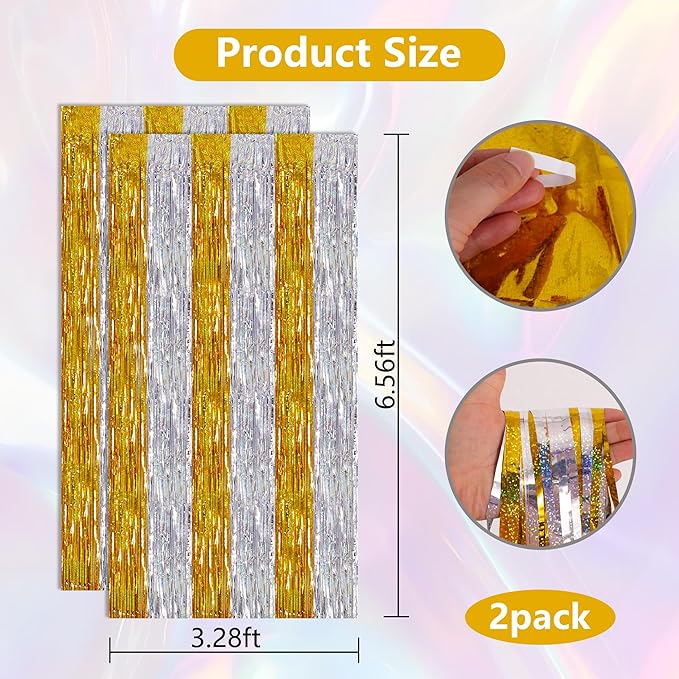 BEISHIDA Gold Silver Door Streamers Backdrop Foil Fringe Tinsel Party Streamers Curtains Photo Backdrop - 2Pcs for Birthday Graduation Bachelorette Party Decoations