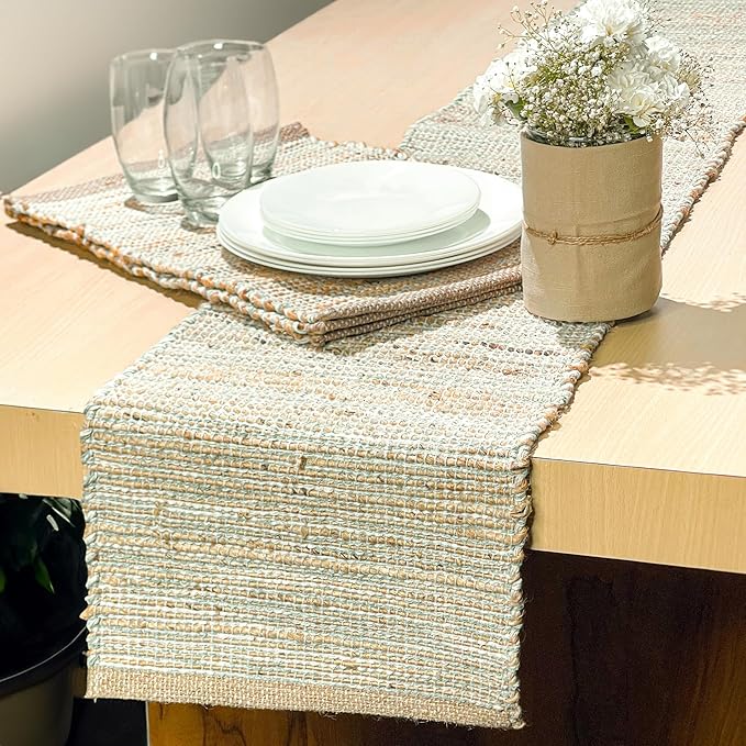 Chardin home Natural Jute Table Runner 13x72 Inch – Vintage Boho Rustic Table Decor – Handwoven Table Runner in Natural Jute and Sage Green-White – Farmhouse Dining or Console Table Accent