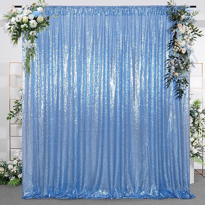 SquarePie Sequin Backdrop 8FT x 8FT Baby Blue Curtain Background for Wedding Party Decoration