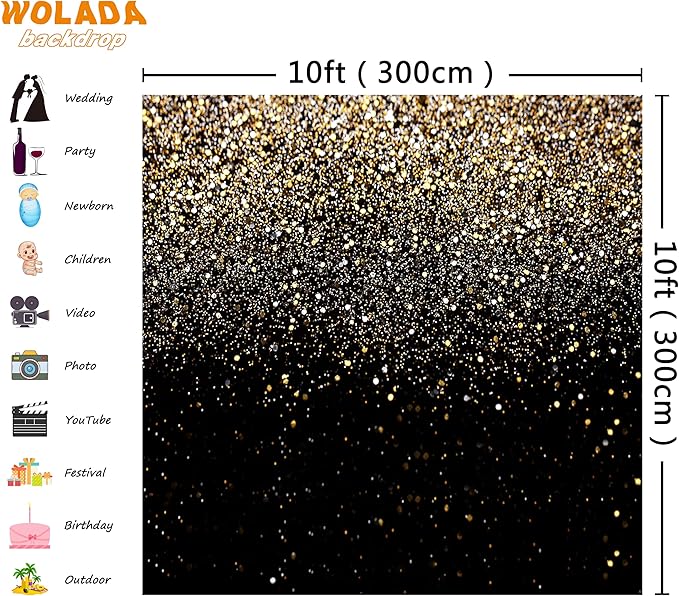 WOLADA Black and Gold Backdrop Golden Glitter Backdrop for Photography Wedding Birthday Baby Shower Party Photo Studio 10x10FT 11176