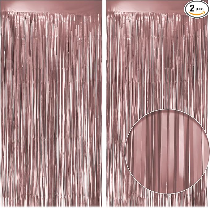 2 Pack Metallic Rose Gold Fringe Backdrop, 3.2x8.2ft Shining Foil Tinsel Curtains, Birthday Party Decorations Door Streamers for Halloween, Christmas, Wedding, Graduation, Holiday, Theme Events