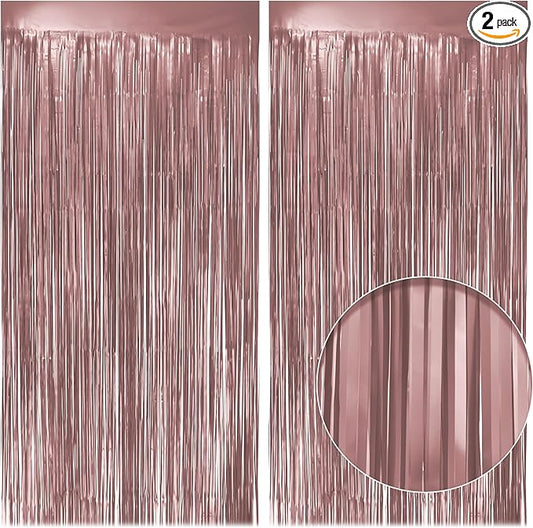 2 Pack Metallic Rose Gold Fringe Backdrop, 3.2x8.2ft Shining Foil Tinsel Curtains, Birthday Party Decorations Door Streamers for Halloween, Christmas, Wedding, Graduation, Holiday, Theme Events